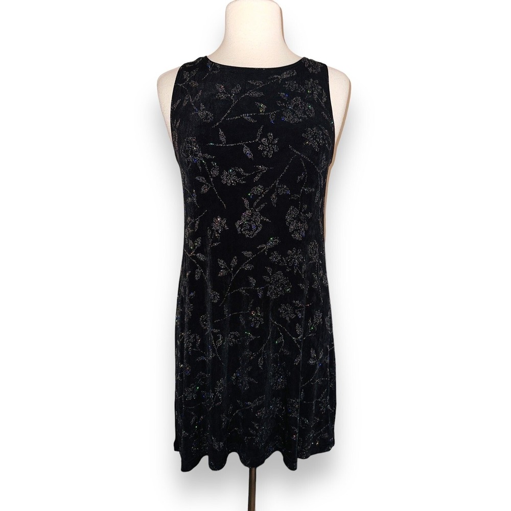 Q2 Vintage Ronni Nicole Dress Roses Shimmer 80s Size Large 8 10 Black Shiny